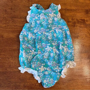 Adorable Eyelet and ivy blue floral ruffle swim bubble size 4